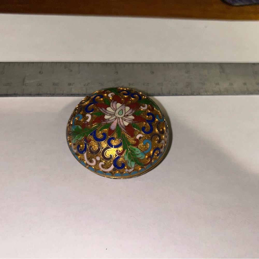 Vintage Cloisonné Champleve Enamel Trinket Box Floral Gold Tone Round Box